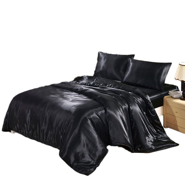 Three-pieces Bed Silk Satin Bedding Set Solid Color Bed Linen Duvet Cover Sets Soft Flat Sheet Bedclothes Twin Queen King
