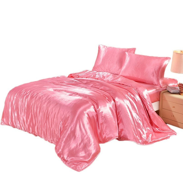 Three-pieces Bed Silk Satin Bedding Set Solid Color Bed Linen Duvet Cover Sets Soft Flat Sheet Bedclothes Twin Queen King