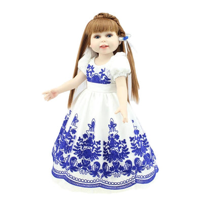 18inch Soft Vinyl American Girl Doll Realistic Baby Princess Girl Doll in Long Blue Dress Handmade Silicone Toy for Kids Gifts